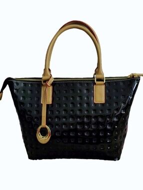 Arcadia Black And Tan Patent Leather Tote